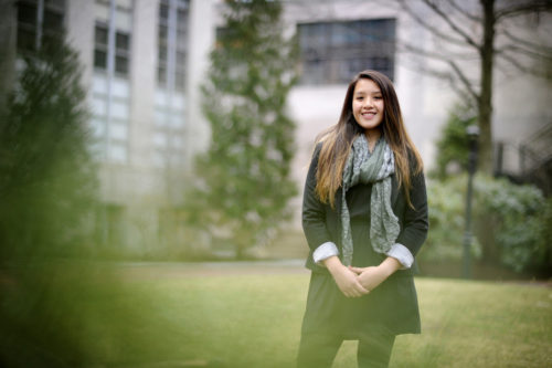 04/08/16 - BOSTON, MA. -  Nina Angeles, a staff member in the Social Enterprise Institute, and 2015 Northeastern graduate, poses for a portrait at Northeastern University on April 8, 2016. Angeles received a Fulbright scholarship to Jordan. Photo by Matthew Modoono/Northeastern University