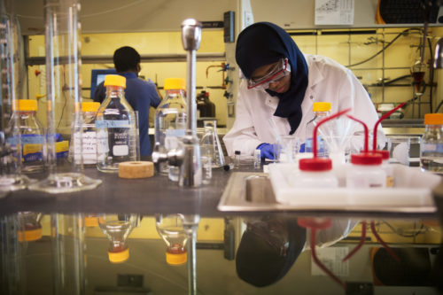 Khadijah Mohammad PhD'19 and Post Doc Manjunath Lamani work in the Center for Drug Discover Lab in Mugar at Northeastern University on Aug. 18, 2016. <i>Photo by Adam Glanzman/​North­eastern University</i>