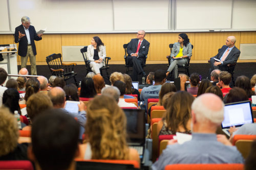 A standing room-only crowd participated in Wednesday's panel discussion on immigration. Photo by Adam Glanzman/Northeastern University