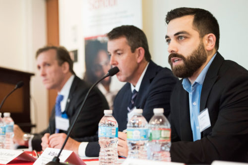Cybersecurity is more than just a nebulous concept tucked into the deep web. Here, a panel of cybersecurity experts discuss how the field is changing during a roundtable discussion hosted by the Lowell Institute School. Photo by Adam Glanzman/Northeastern University