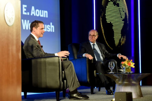 President Joseph E. Aoun hosts a conversation with Wes Bush, president and CEO of Northrop Grumman on Monday about innovation and leadership. Photo by Matthew Modoono/Northeastern University
