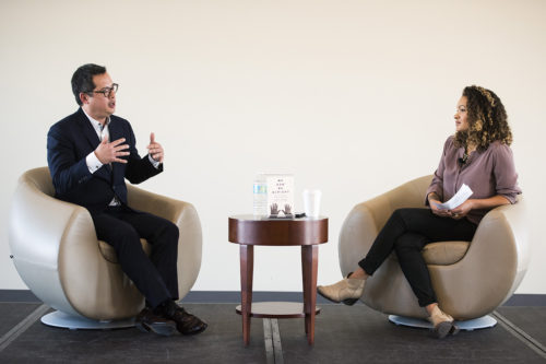 Jeff Chang, left, and Sarah Jackson discuss the intersection of race, art, and politics in the event space on the 17th floor of East Village on Feb. 16, 2017. Photo by Adam Glanzman/Northeastern University