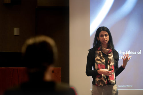 Serena Parekh, associate professor of philosophy, discussed the facts, figures, and fallacies of the global refugee crisis in 90 Snell Library on March 15, 2017. Photo by: Matthew Modoono/Northeastern University
