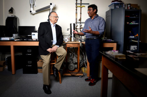 07/24/17 - BOSTON, MA. - Swastik Kar, Associate Professor, and Arun Bansil, University Distinguished Professor, both members of the physics department, pose for a portrait at Northeastern University on July 24, 2017. The pair recently co-authored a paper that opens up a whole new field in condensed matter physics.  Photo by Matthew Modoono/Northeastern University