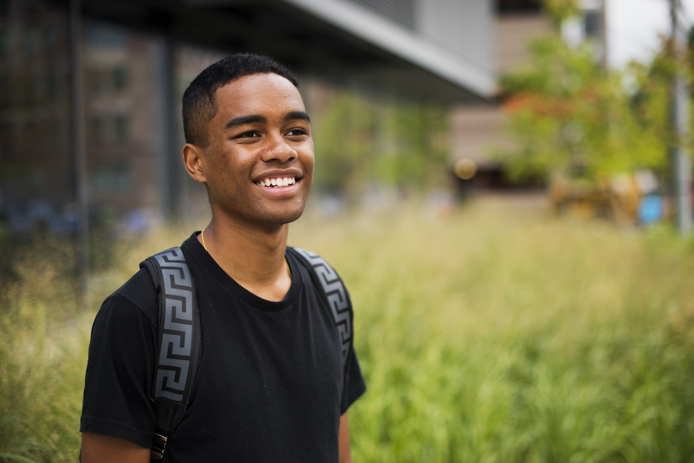 Edmon Berry, DMSB'19, poses for a portrait outside of ISEC on the first day of class on Sept. 6, 2017.