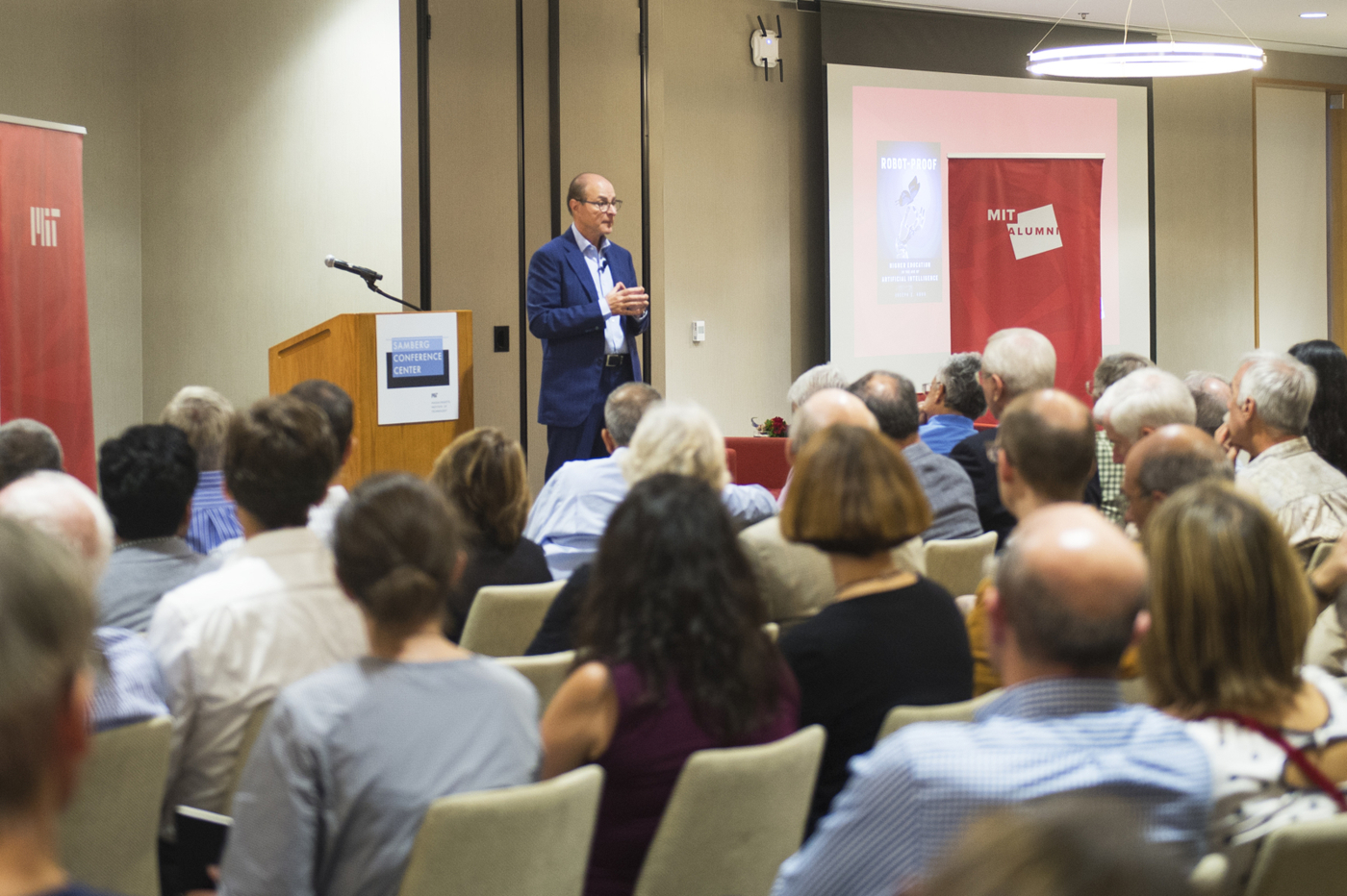 In a talk Tuesday night at the Massachusetts Institute of Technology, Northeastern President Joseph E. Aoun said everyone in the audience would one day find their jobs obsolete—unless they dedicate themselves to lifelong learning. Photo by Adam Glanzman/Northeastern University