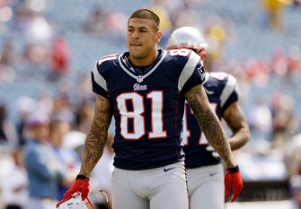 New England Patriots tight end Aaron Hernandez (81) before an NFL football game against the Arizona Cardinals Sunday, Sept. 16, 2012 in Foxborough, Mass. (AP Photo/Elise Amendola)