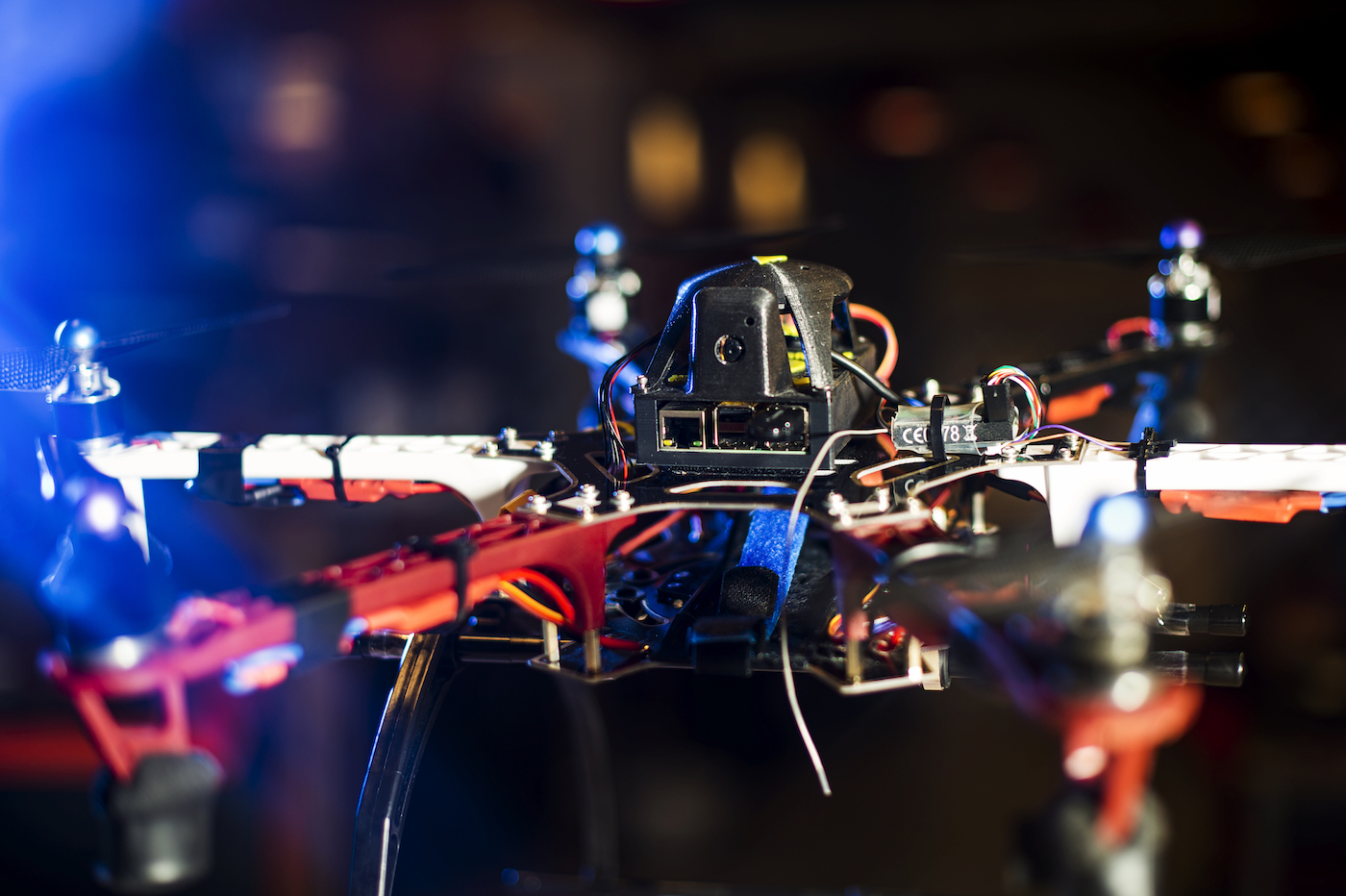 A hexi-copter drone in Taskin Padir's lab. The ultimate vision is a robot swarm deployed to assist engineers in damage inspection. Photo by Adam Glanzman/Northeastern University