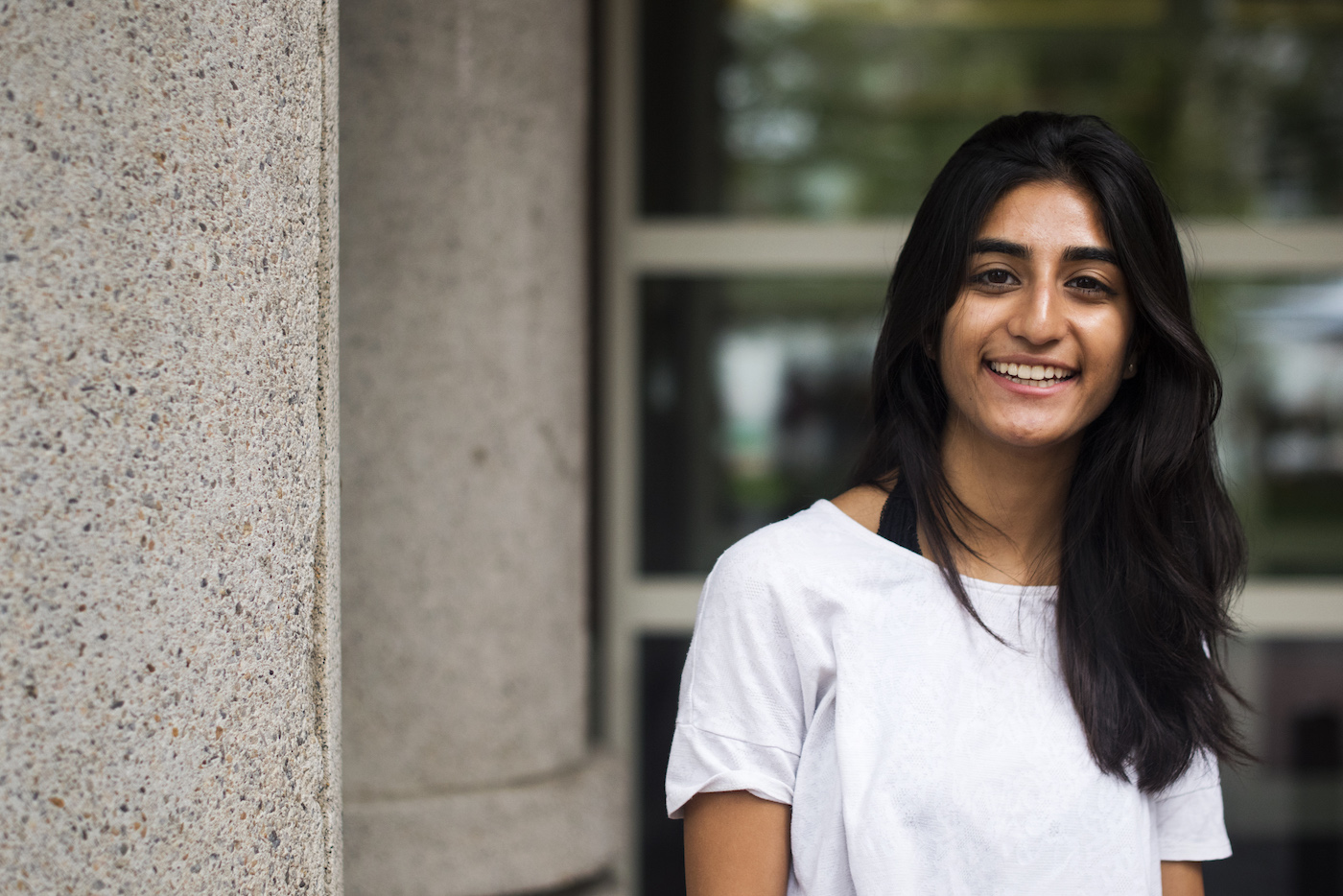 Sonali Chawla, S'21, poses for a portrait outside of Shillman Hall on the first day of class on Sept. 6, 2017.
