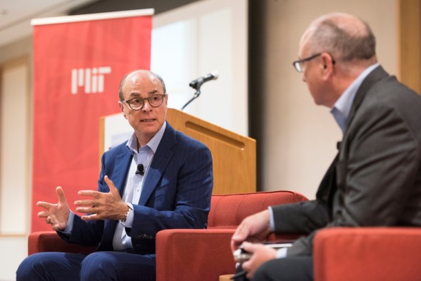President Aoun and MIT Technology Review editor David Rotman agreed that the pace and development of robotics and artificial intelligence technology has been faster than society was prepared for. Photo by Adam Glanzman/Northeastern University