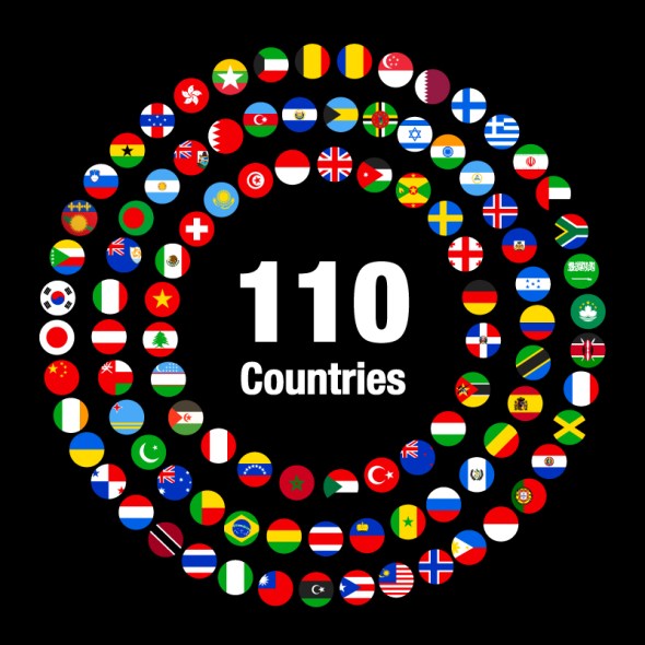 The flags of the 110 countries that donations came from