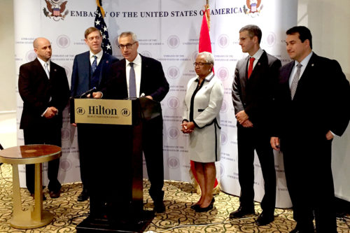 From left to right: Jacob Stowell, associate professor of criminology and criminal justice; Tim Leshan, vice president of government relations at Northeastern; Jean Fahed, head of Lebanon's Higher Judicial Council; law professor Margaret Burnham; law professor Daniel Medwed; and Khushal Safi, associate director of international security at Northeastern.