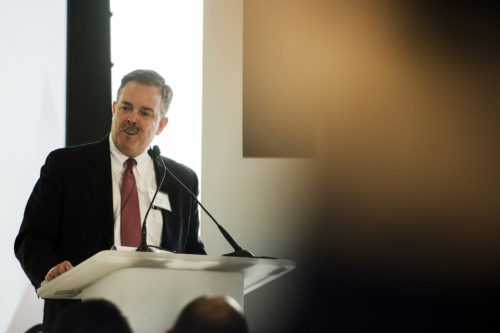 Doug Fears, presidential advisor and senior director of resilience policy at the National Security Council, speaks during the inaugural Global Resilience Research Network Summit on Thursday at Northeastern. <i>Photo by Matthew Modoono/Northeastern University</i>