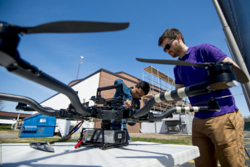 04/24/18 - BURLINGTON, MA. - Thomas Needham and Juha Turalba both flight test engineers from Aurora Flight Sciences, operate an octocopter drone at the Unmanned Aircraft Systems (UAS) facility at the George J. Kostas Research Institute for Homeland Security in Burlington, MA. on April 24, 2018. Photo by Matthew Modoono/Northeastern University