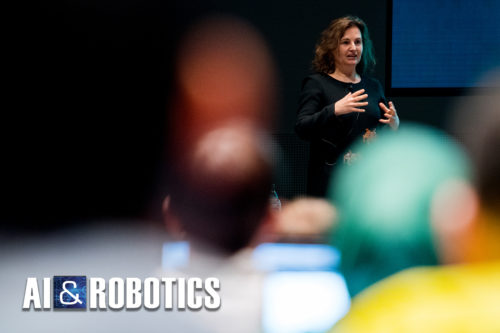 Daniela Rus challenged the audience to imagine a world where robots free us to be more creative by taking care of all our physical tasks—from playing with our pets to performing surgery without an incision. Photo by Matthew Modoono/Northeastern University