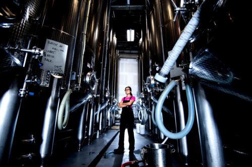Angelina Choy, who studied chemistry at Northeastern, said she never expected to work in a cider house. Here, she stands among the company's 15 fermentation tanks. Photo by Matthew Modoono/Northeastern University