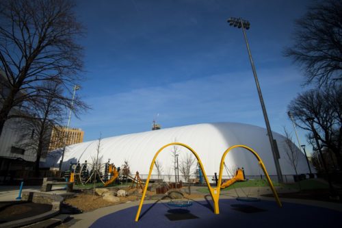 Construction on the bubble surrounding the Carter Playground field continues on December 20, 2018. Photo by Adam Glanzman/Northeastern University