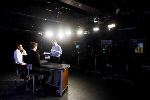 Scenes from a broadcast during Mike Beaudet’s newsroom class held in the media studio in Shillman Hall on April 18, 2017.  Photo by Adam Glanzman/Northeastern University