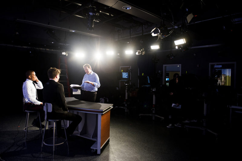 Scenes from a broadcast during Mike Beaudet’s newsroom class held in the media studio in Shillman Hall on April 18, 2017. Photo by Adam Glanzman/Northeastern University