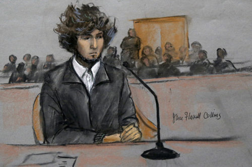 In this Thursday, Dec. 18, 2014 courtroom sketch, Dzhokhar Tsarnaev sits in federal court in Boston. On Friday, May 15, 2015,  Tsarnaev was sentenced to death by lethal injection for the 2013 Boston Marathon bombings. (Jane Flavell Collins via AP, File)