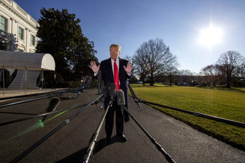 President Donald Trump speaks on the South Lawn of the White House on Sunday, Jan. 6, 2019. (AP Photo/Alex Brandon)