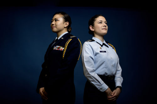 Evelyn Soon and Gwen Clement will be commissioned as second lieutenants in the United States Air Force after they graduate in May. Photo by Matthew Modoono/Northeastern University
