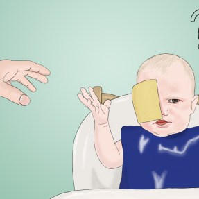 An Illustration of a baby with cheese getting thrown on its face.