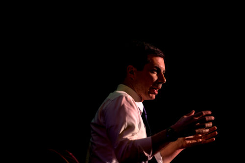 Pete Buttigieg, mayor of South Bend, Indiana, who is exploring a run for the presidency, dug into a wide range of issues with WBUR senior news correspondent Kimberly Atkins at Northeastern University’s Boston campus Wednesday. Photo by Matthew Modoono/Northeastern University