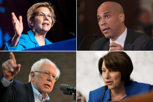 From top left: Democrats Elizabeth Warren, Cory Booker, Bernie Sanders, Amy Kloubuchar (AP photos)