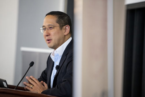 Spencer Fung, a Northeastern graduate and trustee, said that companies around the world are seeking to expand their operations beyond China because of the country’s trade war with the United States. But moving operations to other countries is not easy, he warned. Photo by Matthew Modoono/Northeastern University