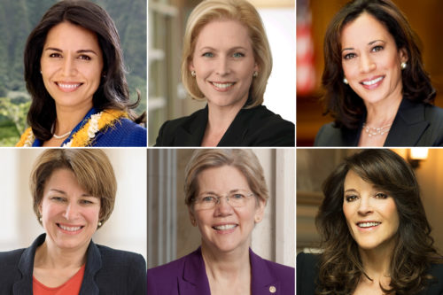The women running for president (clockwise from top left): Tulsi Gabbard, Kirsten Gillibrand, Kamala Harris, Marianne Williamson, Elizabeth Warren, Amy Klobuchar.
