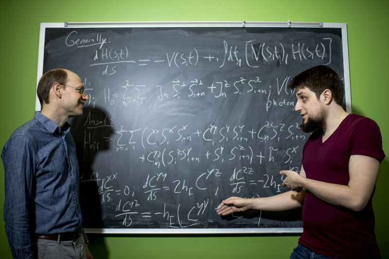 Northeastern physicist Gregory Fiete, left, and his doctoral student Michael Vogl have taken the first step in developing the next generation of electronics. Photo by Matthew Modoono/Northeastern University