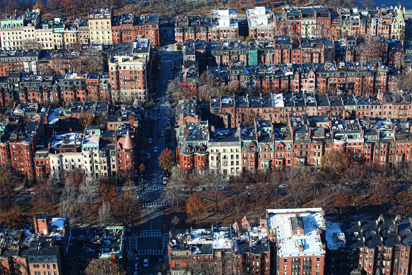 An aerial shot of Boston housing