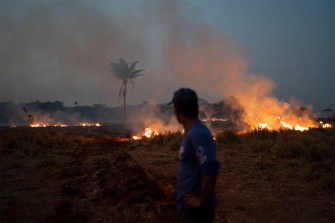 Neri dos Santos Silva watches an encroaching fire threat after digging trenches to keep the flames from spreading to the farm he works on, in the Nova Santa Helena municipality, in the state of Mato Grosso, Brazil, on Friday, Aug. 23, 2019. Under increasing international pressure to contain fires sweeping parts of the Amazon, Brazilian President Jair Bolsonaro recently authorized use of the military to battle the massive blazes. AP Photo/Leo Correa
