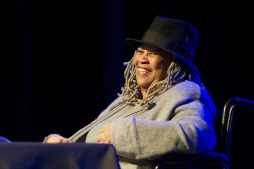Toni Morrison’s groundbreaking novels about black history and identity helped to advance issues of civil rights and racial justice. The author was the keynote speaker at an event at Northeastern University in 2013, and afterward, she met with families who’d lost a relative to racial violence. Photo by Mary Knox Merrill/Northeastern University
