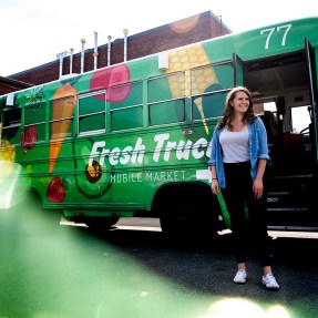 Northeastern graduate Annika Morgan sells fresh produce at discount prices to Boston residents who live in neighborhoods that don’t have grocery stores nearby. “We’ve always been married to our mission: how can we improve health outcomes by increasing food access,” says Morgan. Photo by Ruby Wallau/Northeastern University