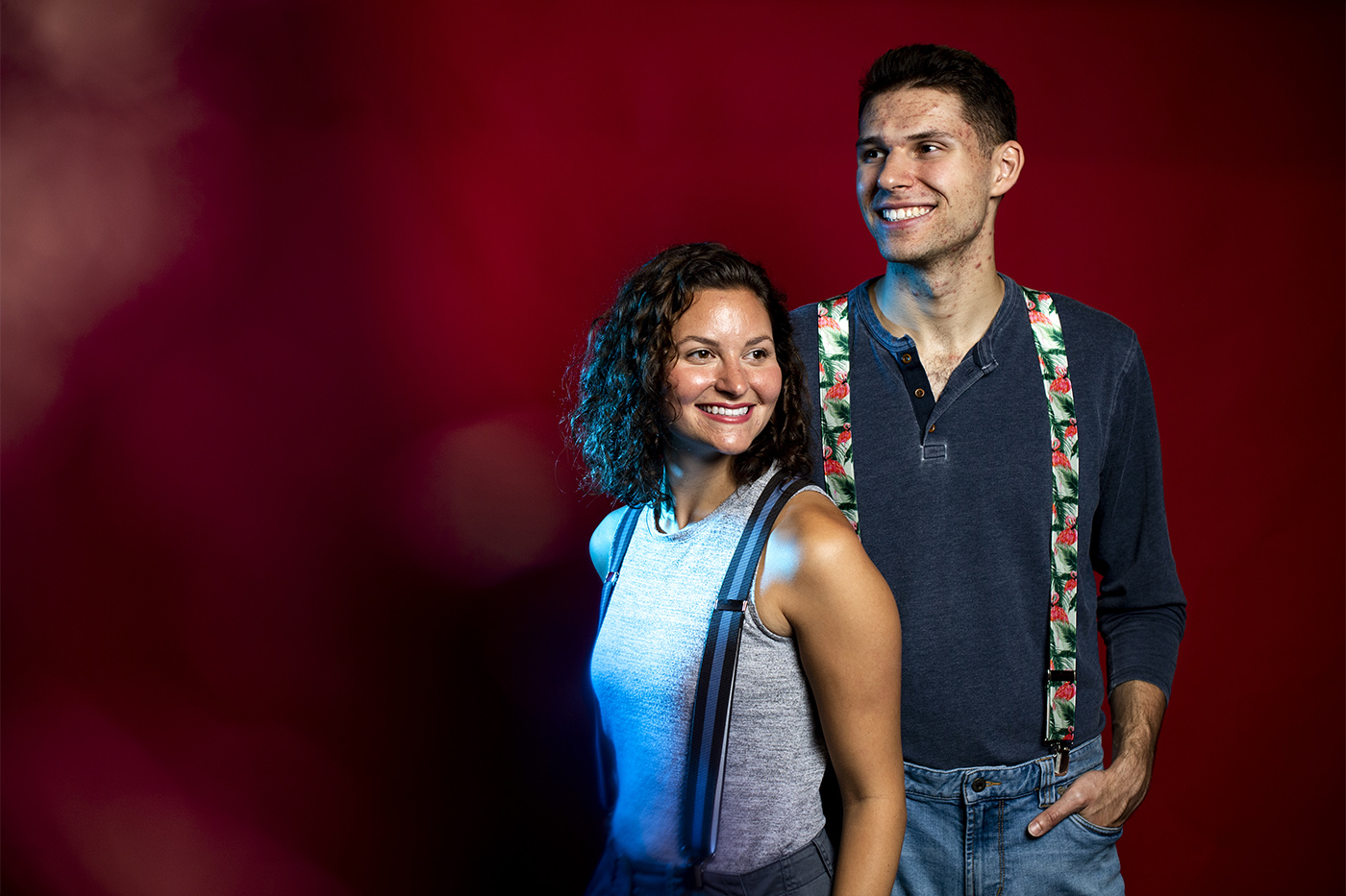 Northeastern graduates Tyler and Tori Farley have created a line of suspenders that, they say, are playful enough to wear with T-shirts and tasteful enough to wear with tuxedos. Photo by Ruby Wallau/Northeastern University