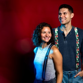 Northeastern graduates Tyler and Tori Farley have created a line of suspenders that, they say, are playful enough to wear with T-shirts and tasteful enough to wear with tuxedos. Photo by Ruby Wallau/Northeastern University