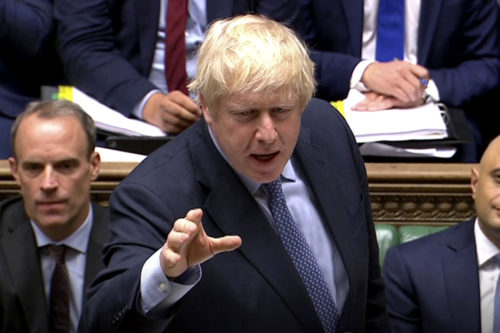 LONDON—Prime Minister Boris Johnson speaks in the House of Commons in London on Wednesday September 4, 2019. Photo credit: House of Commons/PA via AP Images