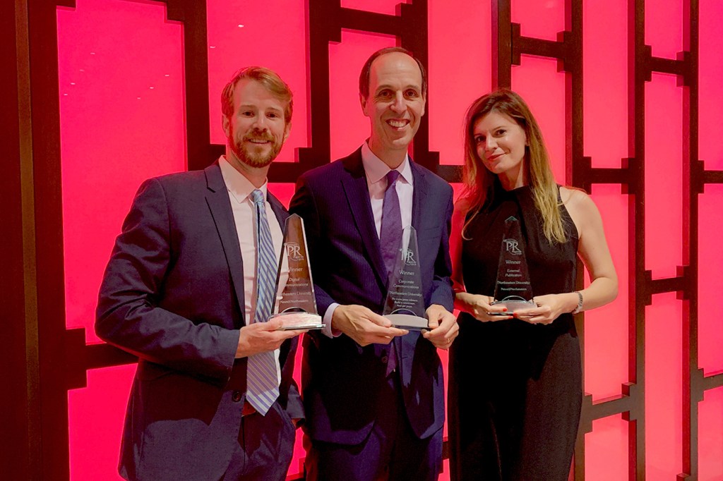 Northeastern’s communications team on Tuesday won three awards at PR News’s Platinum PR Awards in New York, topping some of the biggest names across industries, including business, consumer products, technology, and publishing. From left to right: Kevin Deane, digital director for News@Northeastern; Michael Armini, senior vice president for External Affairs; and Renata Nyul, vice president for communications, who oversees media relations and News@Northeastern.