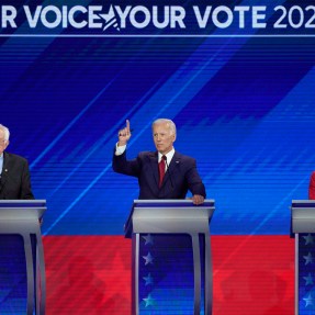 From left, Democratic presidential candidates Bernie Sanders, Joe Biden, and Elizabeth Warren raise their hands to answer a question Thursday, Sept. 12, 2019, during a Democratic presidential primary debate hosted by ABC at Texas Southern University in Houston. (AP Photo/David J. Phillip)