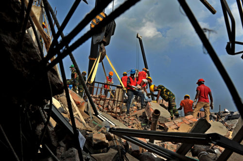 In April, 2013, Rana Plaza, an eight-story commercial building, collapsed in Savar, a sub-district in the Greater Dhaka Area, the capital of Bangladesh. More than 1,100 people died, and more than 2,500 were injured. It is considered to be the deadliest accidental structural failure in modern history. Photo by Mohammad Asad/ Pacific Pr/SIPA