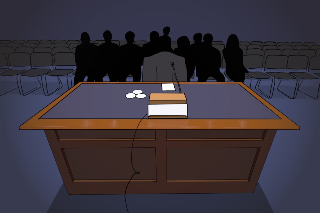 Depiction of an empty seat at a congressional hearing
