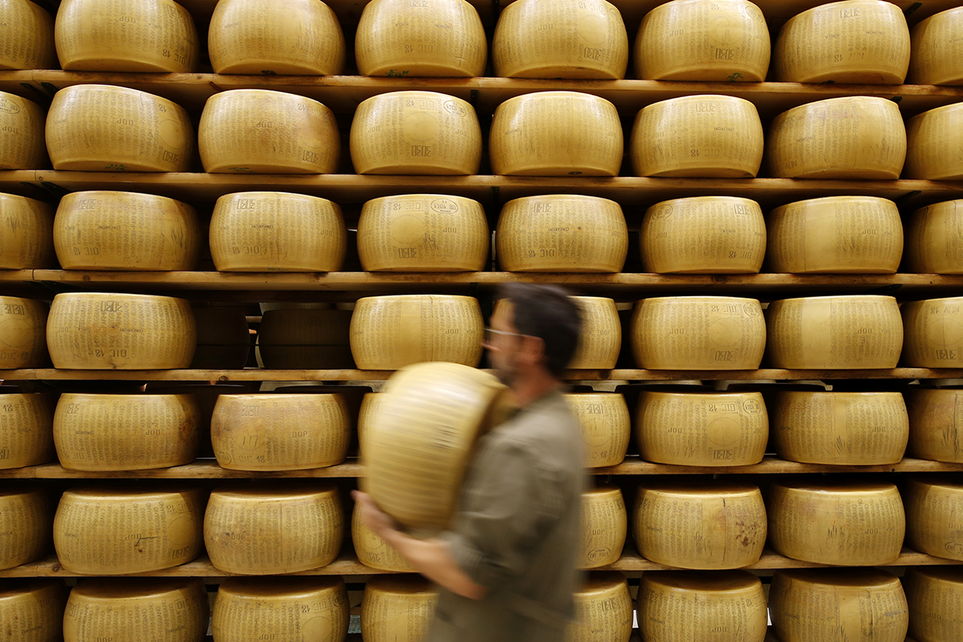 Picture of cheese wheels in Italy.