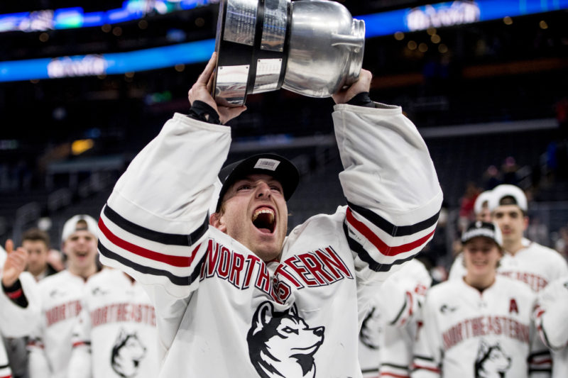At the end of the second-longest final at the Beanpot, Huskies goaltender Craig Pantano was leading celebrations of the first three-peat in Northeastern history. Photo by Matthew Modoono/Northeastern University