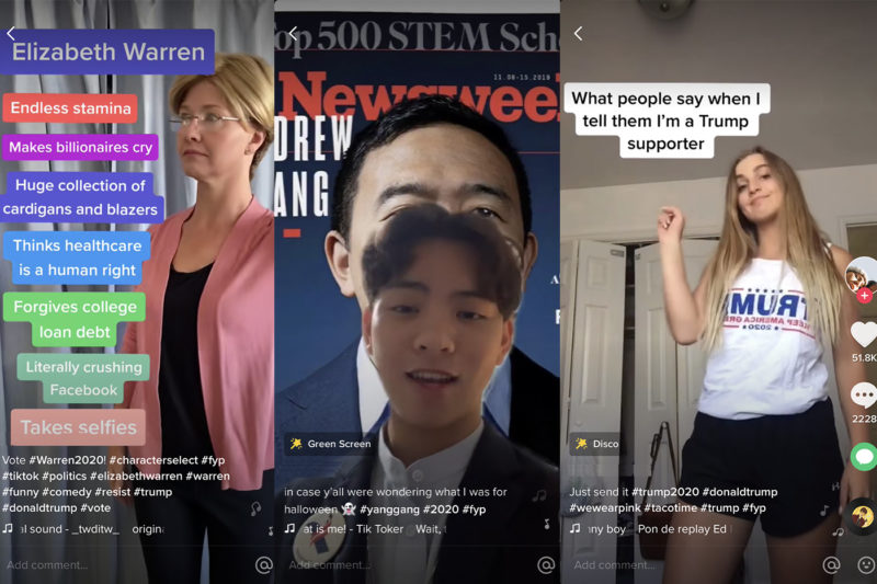 Short videos in support of Sen. Elizabeth Warren, Andrew Yang, President Donald Trump, and other candidates abound on the social site TikTok. Their impact remains to be seen, as Yang dropped out of the race by mid-February. News@Northeastern Graphic - Courtesy of TikTok