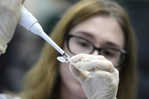An employee of the laboratory of gene and cell technology prepares a specimen at Kazan Federal University in Kazan, Russia. Staff members of the university began developing a vaccine against coronavirus disease based on published data on the structure of the virus genome. Maksim Bogodvid / Sputnik  via AP