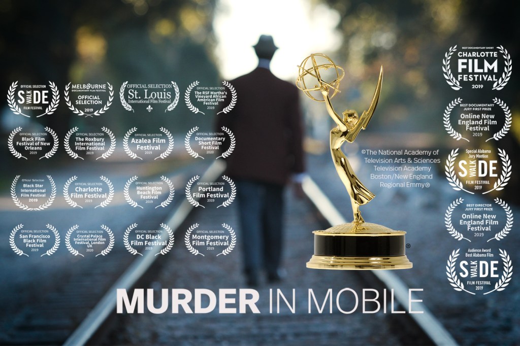 Murder in Mobile poster, with a man walking on the railroad tracks.