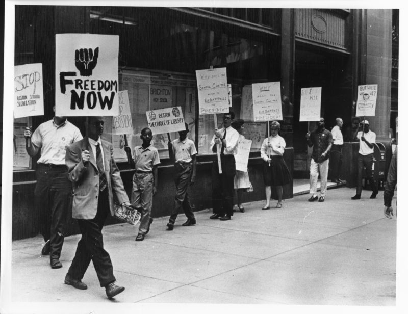 Members of the National Association for the Advancement of Colored People protest the Boston school committee in 1963. This photo is among thousands of online records available within the Archives and Special Collections at the Northeastern Library (image published by the Boston Globe, courtesy of the James W. Fraser Photograph Collection). Courtesy of the Northeastern University Archives and Special Collections