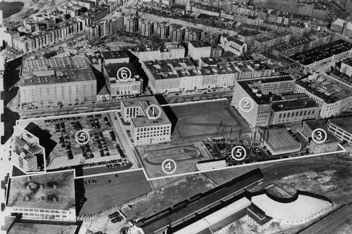 Aerial view of campus circa 1943